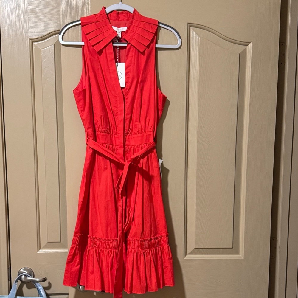 1901 Vibrant Red Midi Dress with Pleated Collar NWT. Size 14